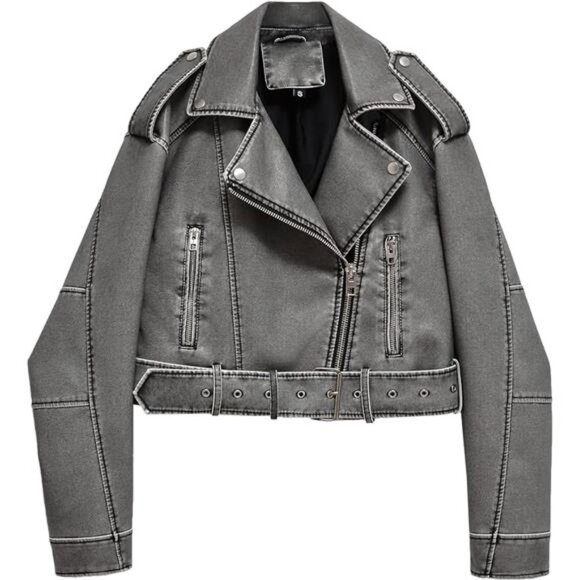 Gray Faux Leather Oversized Cropped Jacket Belted Biker Moto Jacket Coat Zip Up - Picture 7 of 8